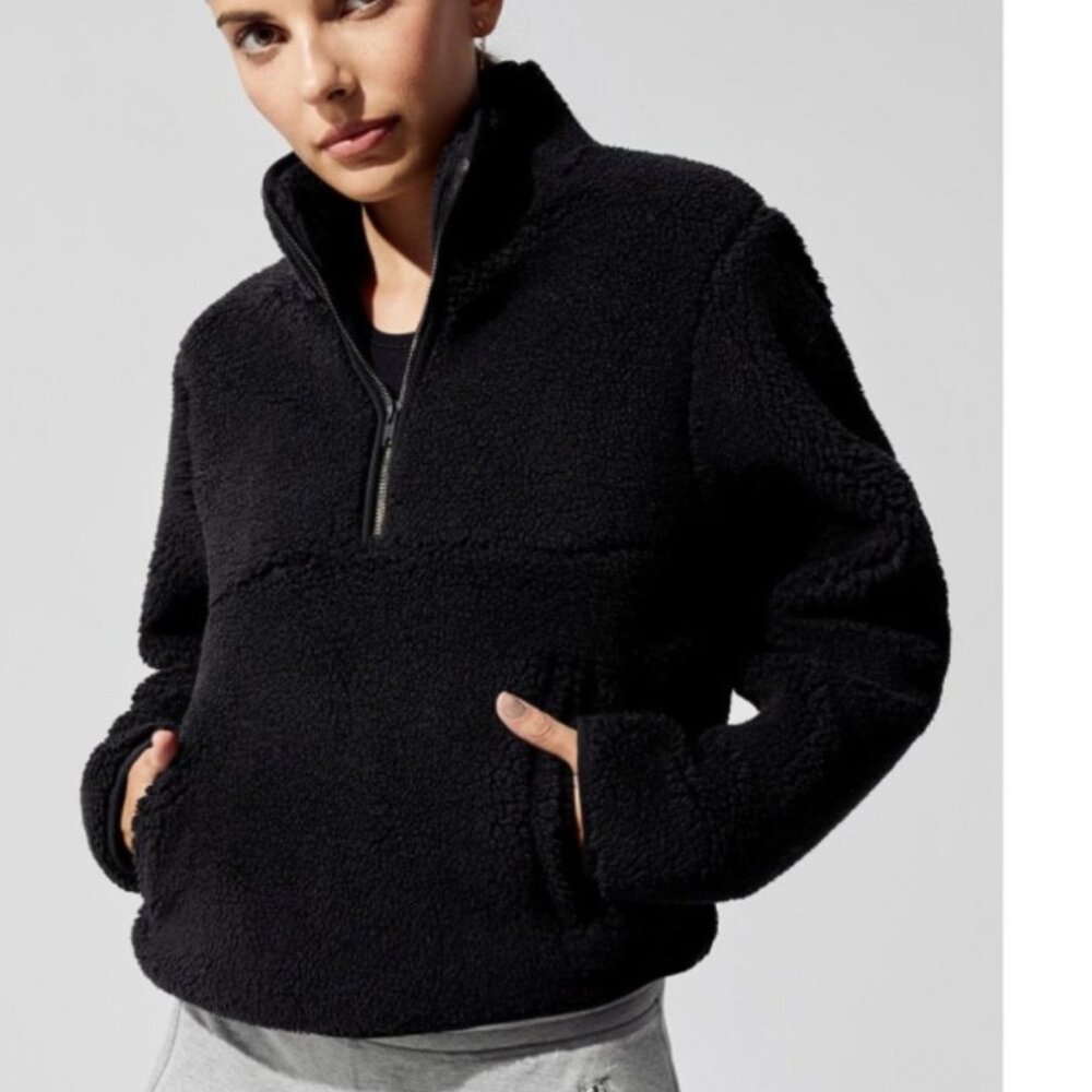 ***SOLD*** Alo Half-Zip Sherpa Jacket Black Shearling cabin Sweater $160 Size M - Picture 1 of 5